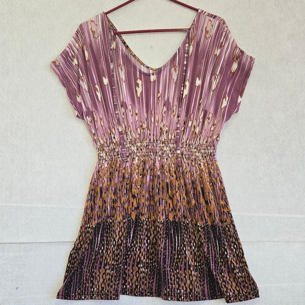 WinWin Adjustable Tie Blouse L-XL Purple Brown Abstract Smocked Waist Tunic Top